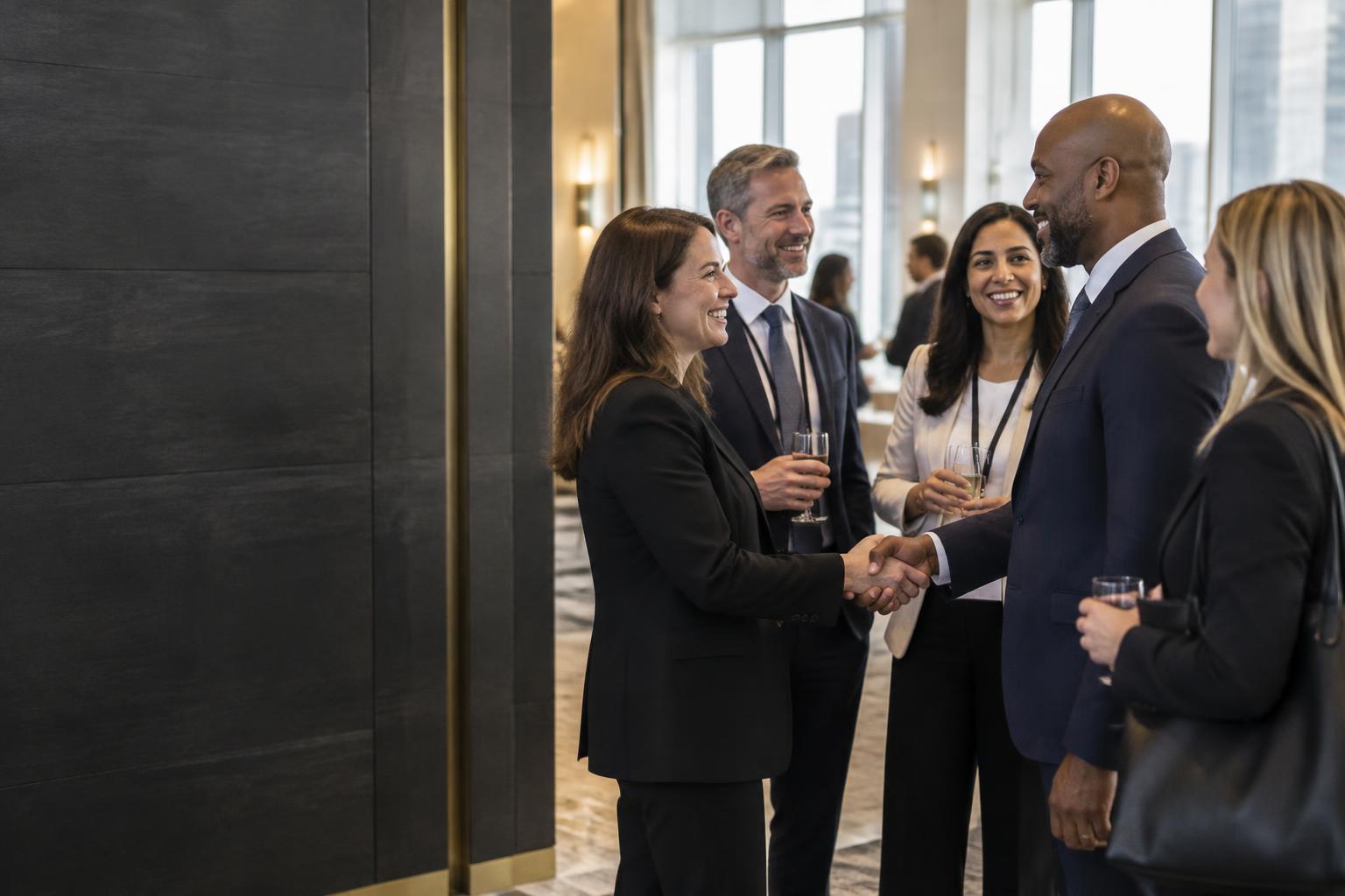 Legal professionals connecting at a networking reception
