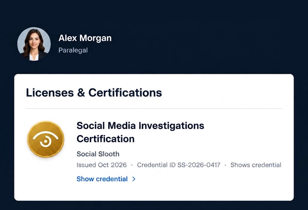 The Social Slooth certification badge shown in the Licenses & Certifications section of a LinkedIn profile